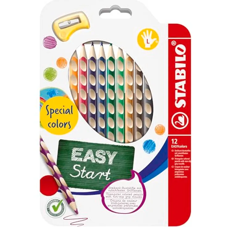STABILO Ergonomischer Buntstift für Linkshänder - EASYcolors - 12er Pack mit Spitzer - Spezialfarben - 12 verschiedene Farben