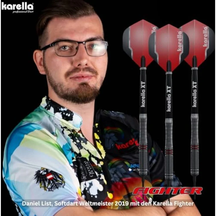 Karella Steeldart "Fighter", 90 % Tungsten, schwarz, 22 g mit grober Ringstruktur und Karella XT Shafts – Bild 6