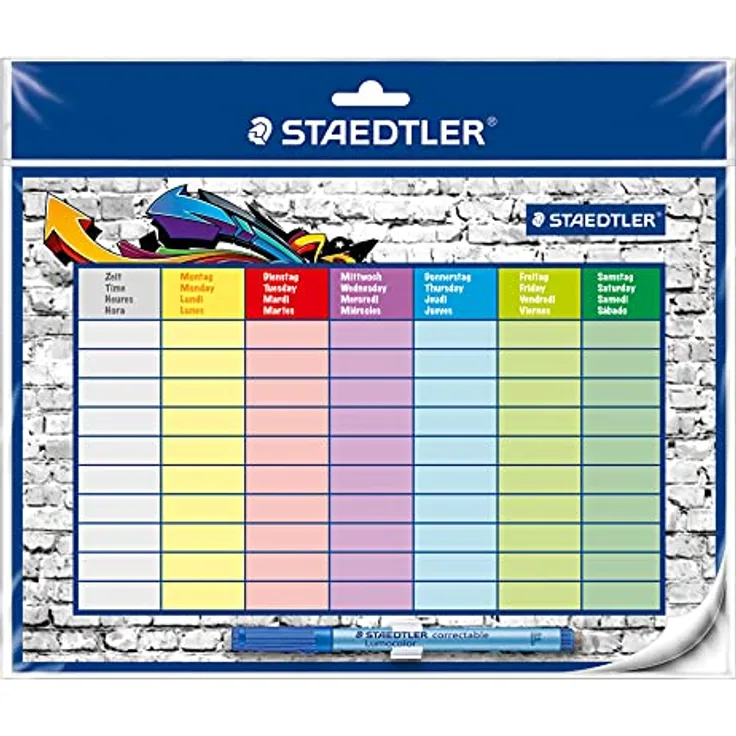 STAEDTLER Stundenplan Lumocolor, selbsthaftend und wiederverwendbar, trocken abwischbar, inklusive Lumocolor correctable und Stiftklemme, 641 SP2