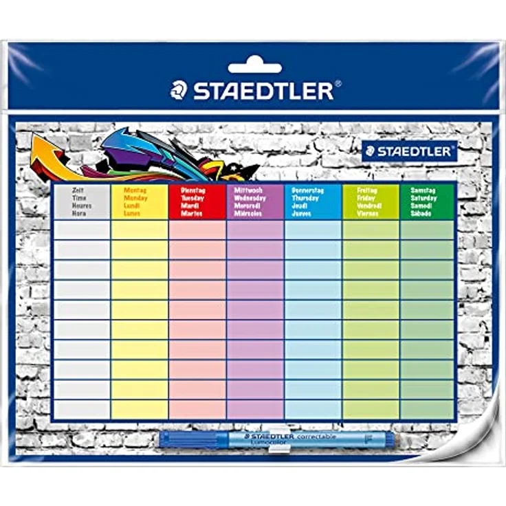 STAEDTLER Stundenplan Lumocolor, selbsthaftend und wiederverwendbar, trocken abwischbar, inklusive Lumocolor correctable und Stiftklemme, 641 SP2 – Bild 1