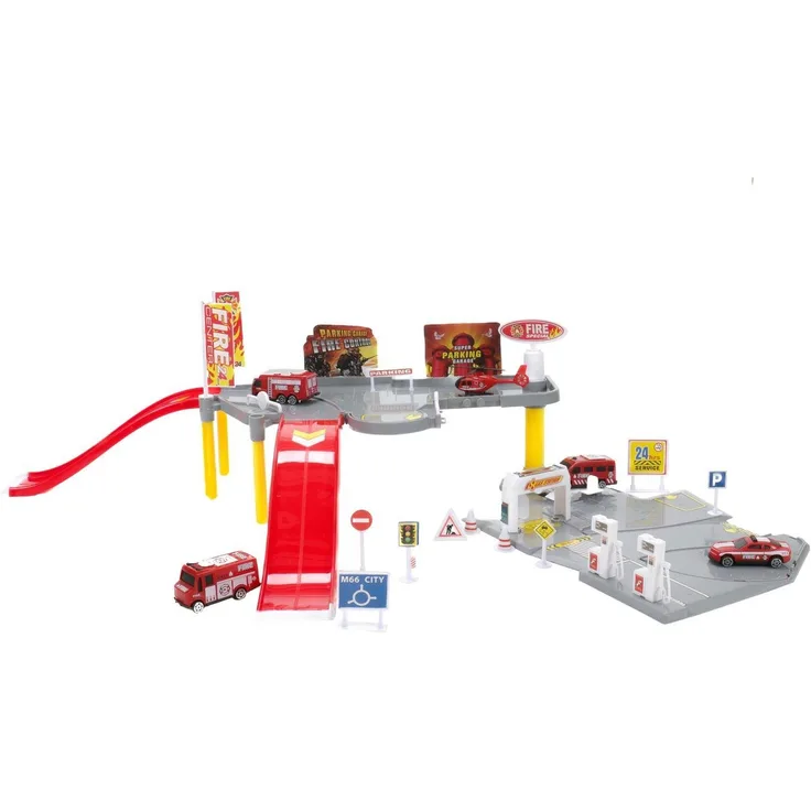 Bubble-Store Spiel-Parkgarage Feuerwehrstation, 2 Etagen mit 2 Rampen, 3 Transportern, Hubschrauber, Einsatzwagen, Zubehör und Straßenschildern, grau-blau-rotes Design
