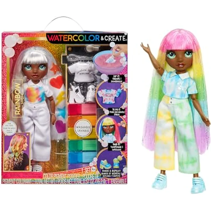MGA ENTERTAINMENT Rainbow High Watercolor & Create, Anziehpuppe mit grünen Augen, DIY-Modepuppe mit auswaschbaren Aquarellfarben – Bild 1