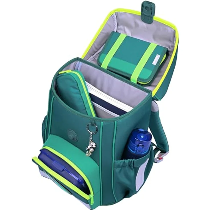 McNeill Schulranzen-Set BRAVO 9tlg., ergonomisch, höhenverstellbar, 21 L Volumen, petrolfarbenes Fußball-Rennwagen-Design – Bild 4