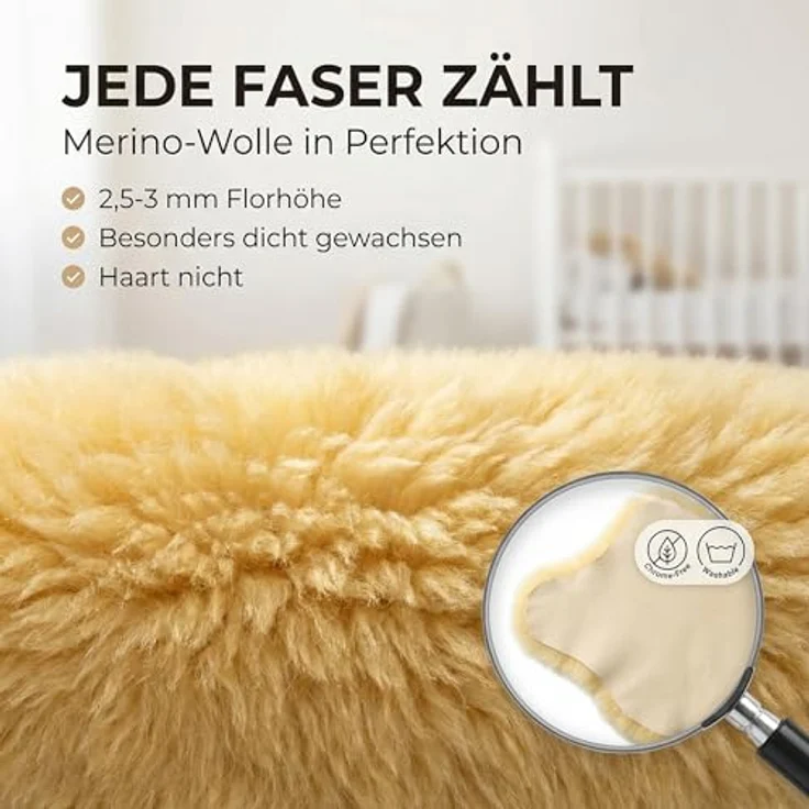 Baby Lammfell LANABEST. Premium Qualität, fabrikfrisch, schadstoffarm. Medizinische Gerbung, 30°C waschbar. Öko-Tex. Deutsches Merino Schaffell. Als Babyfell oder für den Kinderwagen. Geschenkqualität. Länge ca. 70 cm – Bild 7