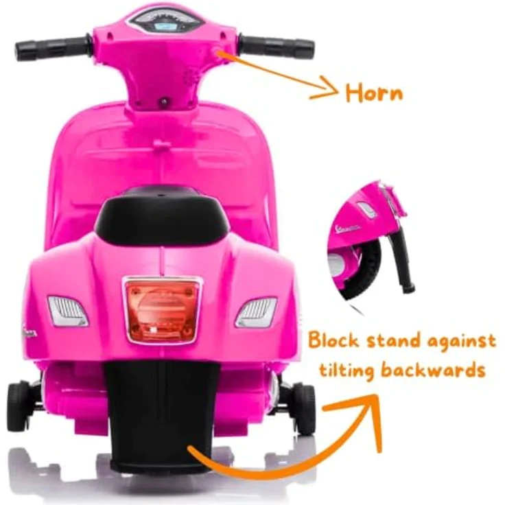 Vrooomy Kinder Elektro Roller Vespa GTS Mini, 6V mit Scheinwerfer, rosa, für 1 bis 3 Jahre, mit abnehmbaren Stützrädern und Kunstledersitz – Bild 3