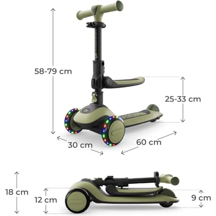 Kinderkraft HALLEY 2 – 2-in-1 Balance-Kinderroller mit höhenverstellbarem Sitz (25–33 cm), klappbar, 4 Lenkerhöhen, LED-Räder, Grün – Bild 12