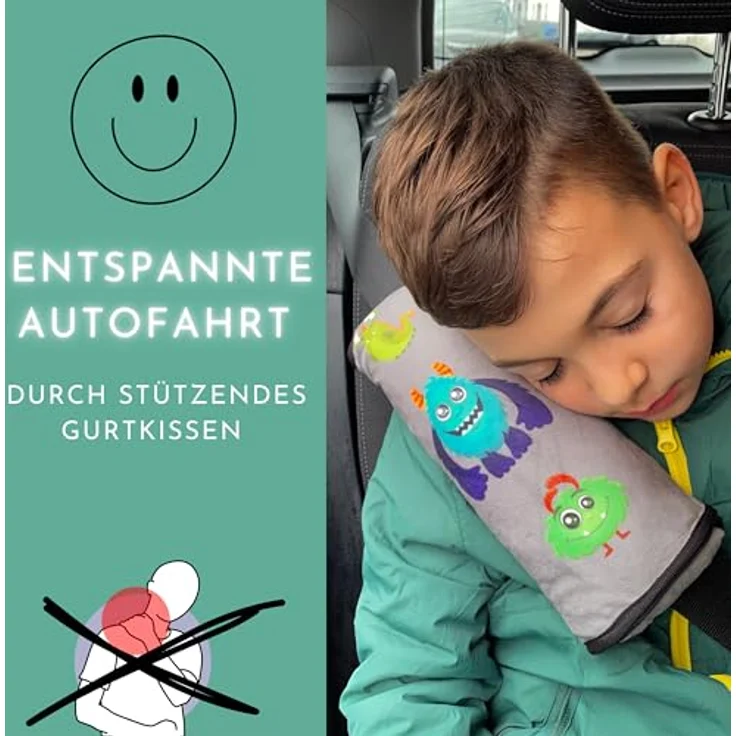HECKBO Auto Schlafkissen Monster Motiv für Kinder Mädchen Jungen - maschinenwaschbar – kuschelweich - Auto Gurtkissen, Gurtschoner, Gurtschutz Sitzerhöhung, Auto Kissen, Reisekissen, Urlaub – Bild 4