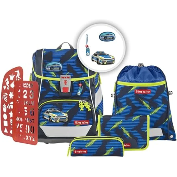 Step by Step Schulranzen-Set 2IN1 Plus „Police Car Cody“ 6-teilig, ergonomischer Tornister, höhenverstellbar mit Hüftgurt, 19L, blau-gelb – Bild 1