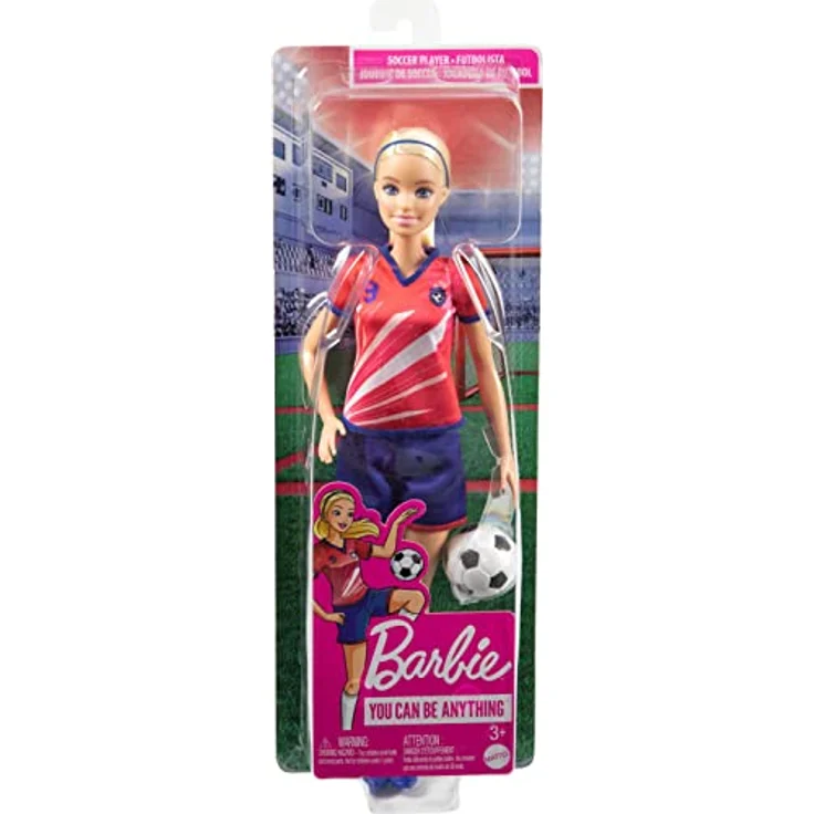 Barbie HCN17 - Fußball-Spielerin Puppe (blonde Haare) im roten Trikot mit blauen Shorts, Stollen-Schuhen und weißen Stutzen, inklusive Fußball, Spielzeug für Kinder ab 3 Jahren – Bild 6