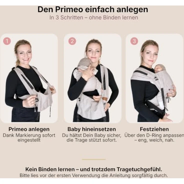 Hoppediz Babytrage Primeo, Vollschnallentrage ab Geburt (2,5 kg), Bauch- und Rückentrage aus 100 % Bio-Baumwolle, querelastischer Tragetuchstoff – Bild 5