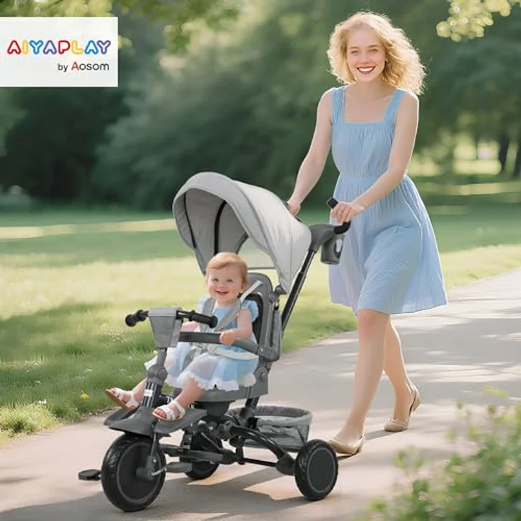AIYAPLAY Dreirad 6in1, mit Schubstange, drehbarem Sitz, Korb, Tasche, Getränkehalter, für 1-5 Jahre, Grau – Bild 2