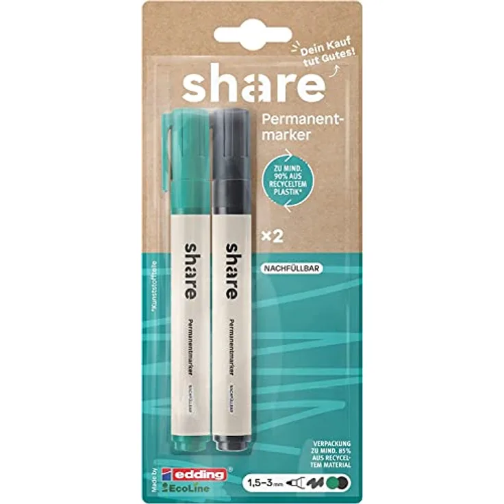 share by edding EcoLine Permanent Marker 2er Set – Marker Set spendet eine Unterrichtsstunde für ein Schulkind – wasserfeste Stifte für fast alle Materialien – grün/schwarz