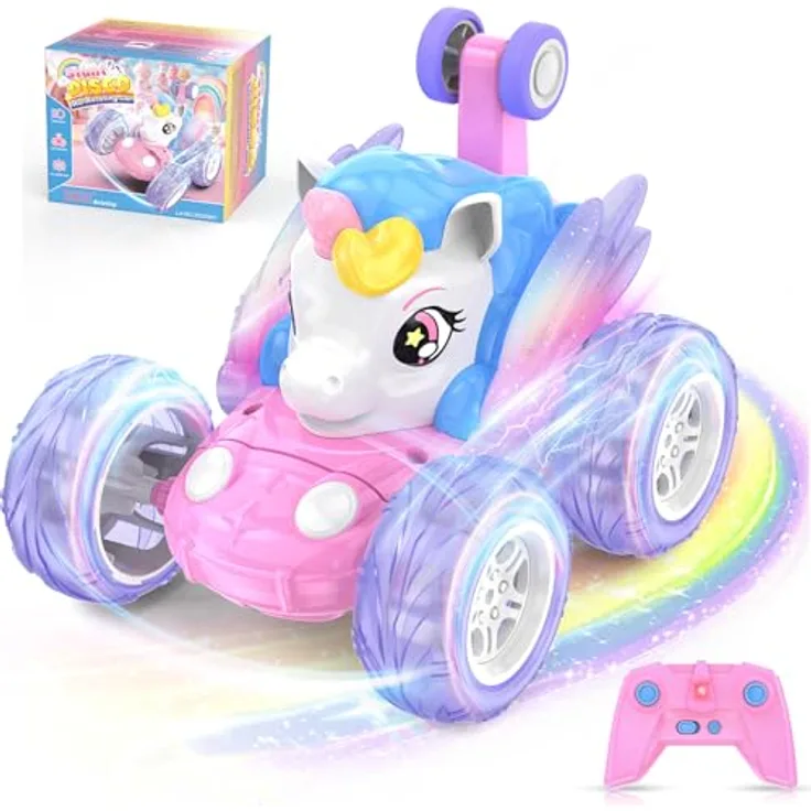 FUIOCOCP Ferngesteuertes Einhorn Auto, 2.4GHz RC Stunt Monstertruck mit Leuchtenden Flügeln, für Kinder ab 3 Jahren, Rosa