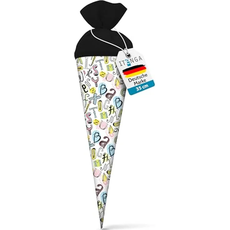 itenga Geschwisterschultüte 35cm, Geschenkverpackung für Schüler und Studenten, Motiv Buchstaben, rund mit Filzverschluss, ideal zum Schulstart und Ausbildungsbeginn – Bild 1