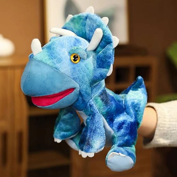LOMTRATS Dinosaurier-Handpuppen Set, Triceratops und Tyrannosaurus Rex mit beweglichen Mündern, ca. 25 cm, Plüsch, ideal für Geschichtenerzählen und kreatives Spiel – Bild 1