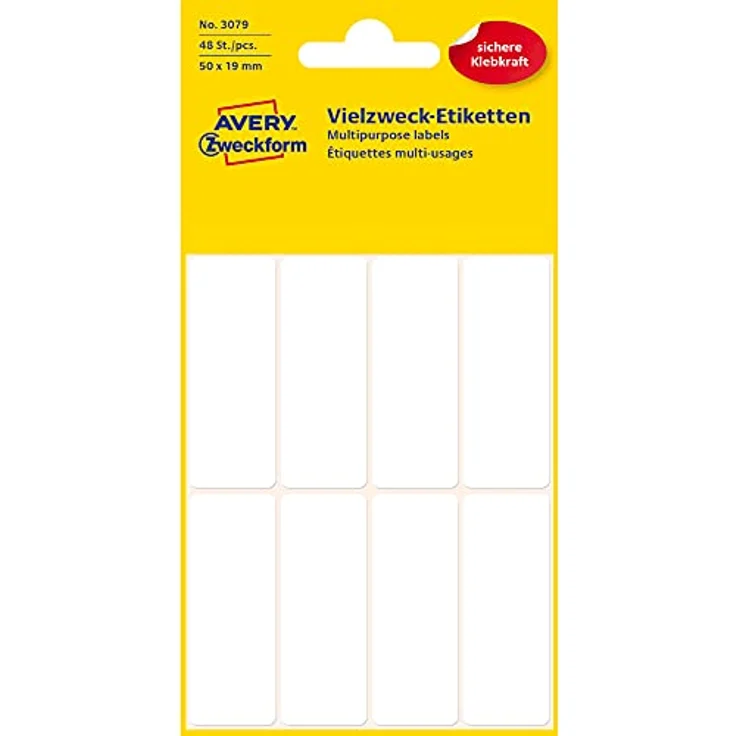 AVERY Zweckform 3079 Haushaltsetiketten selbstklebend (50x19 mm, 48 Aufkleber auf 6 Bogen) - Vielzweck-Etiketten für Haushalt, Schule und Büro, blanko, weiß – Bild 1