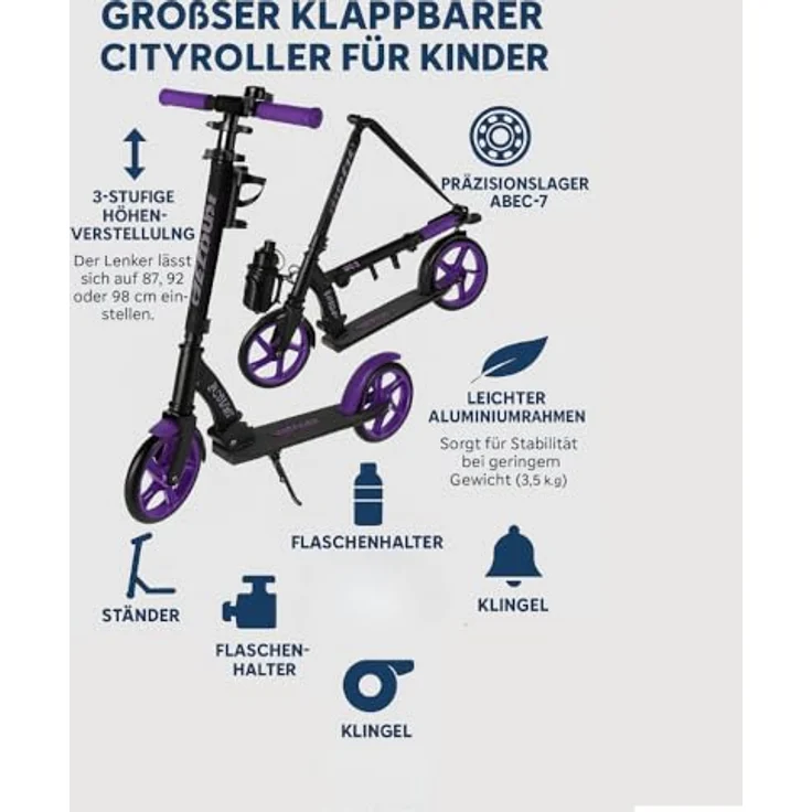 KRUZZEL Klappbarer Kinder Roller Scooter, höhenverstellbar 87-98 cm, 200-mm-Räder, lila, Aluminiumrahmen, mit Fußbremse und Flaschenhalter, für Kinder ab 8 Jahren bis 100 kg – Bild 3