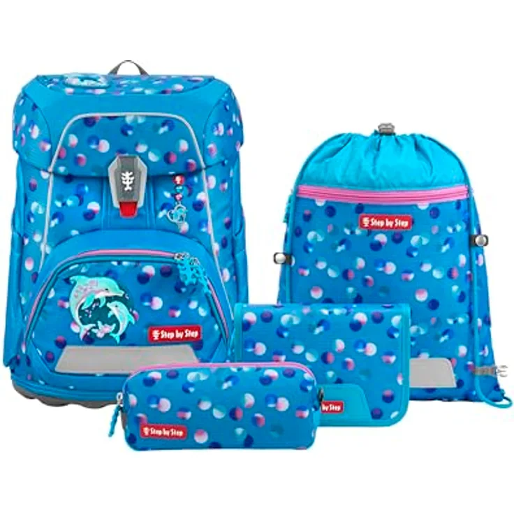 Step by Step Schulranzen-Set FIT „Dolphin Finja“, 5-teilig, ergonomischer Tornister, blau, Delfin-Design, höhenverstellbar mit Hüftgurt, 19L, mit Reflektoren für Mädchen ab der 1. Klasse