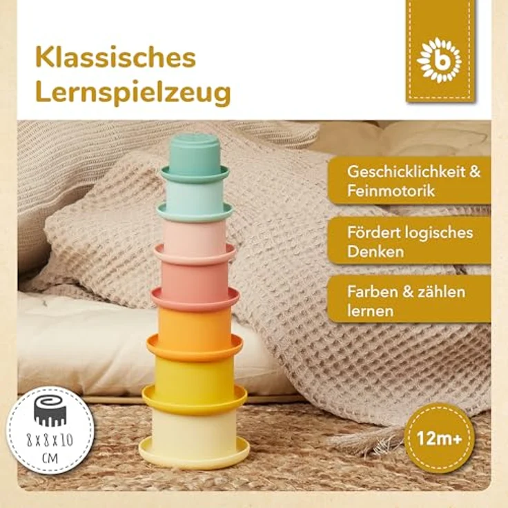 BIECO Silikon Stapelbecher Tropical Vibes, 7-teiliges Set aus lebensmittelechtem Silikon für Kinder ab 12 Monaten, fördert motorische Fähigkeiten – Bild 2