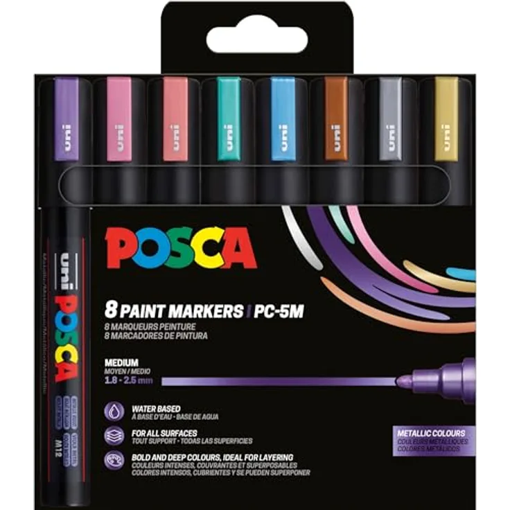 POSCA 182557, 8er Marker Set mit Metallic Acrylstiften PC-5M, permanent, 1,8 - 2,5 mm Rundspitze, Gold, Silber, Bronze, Blau, Grün, Rot, Rosa, Violett