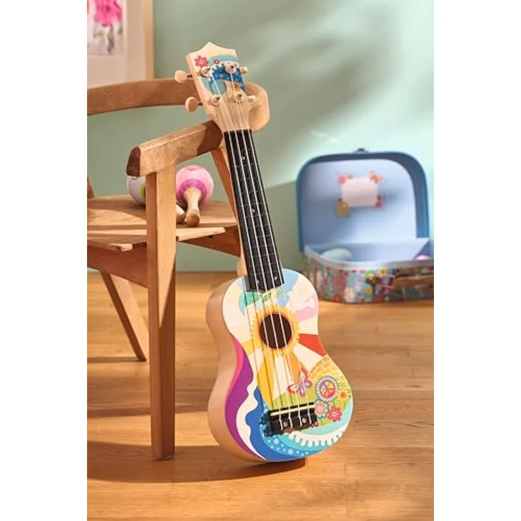 goki 61847 Ukulele Flower Power, Kinder-Ukulele aus Holz, 53 cm, 4 Saiten, Retro-Design im 60er-Jahre Stil mit Plektron & Ersatzsaiten, ideales Lerninstrument für Anfänger – Bild 2