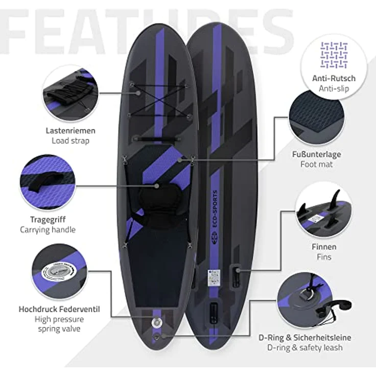 ECD Germany Aufblasbares Stand Up Paddle Board mit Kajak Sitz, 320x82x15 cm, Schwarz, PVC bis 120kg, inkl. Pumpe, Tragetasche und Zubehör – Bild 3