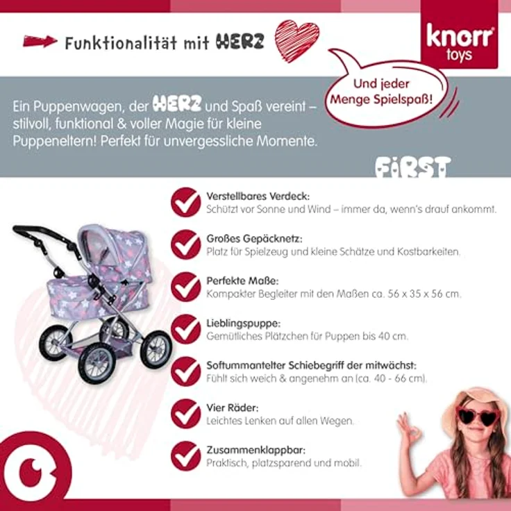 Knorrtoys® Puppenwagen First, höhenverstellbar mit verstellbarem Verdeck und Einkaufsnetz, ca. 63,5 x 42 x 70 cm, geeignet für Puppen bis 50 cm – Bild 7