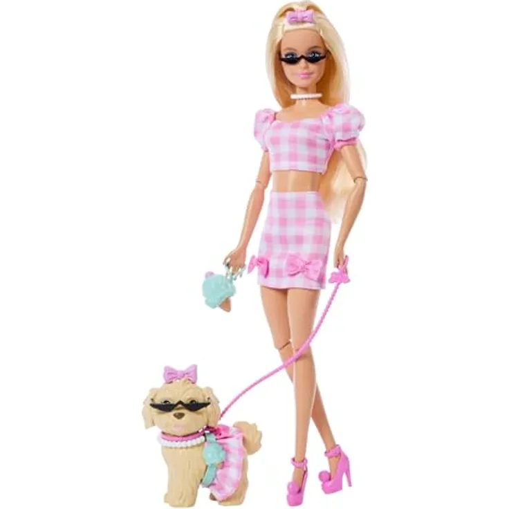 Barbie Zwillingslook Anziehpuppe mit Schleife und Haustier, inklusive stylischen Accessoires