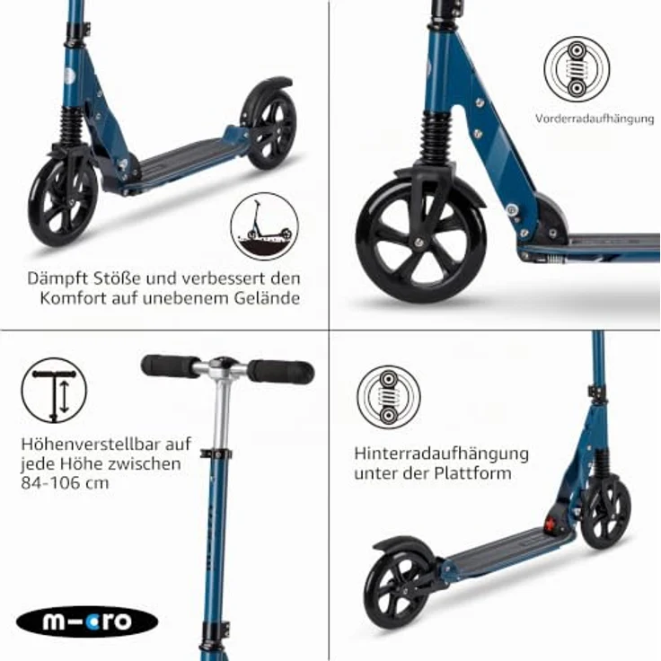 Micro Mobility Micro Suspension, Klassischer Roller mit Vorder- und Hinterradaufhängung für Erwachsene, Unisex, bis 100 kg, Asphalt – Bild 4