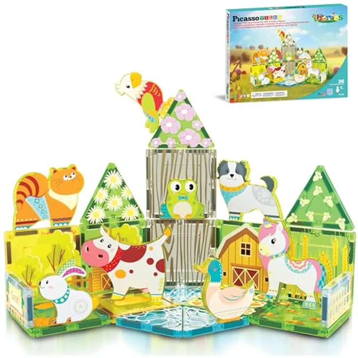 PicassoTiles PTQ27, 26-teiliges Magnetbaukästen-Set mit herbstlichem Bauernhof-Thema, 8 Farmtiere für kreatives Spielen und STEM-Lernen, BPA-frei, für Kinder ab 3 Jahren
