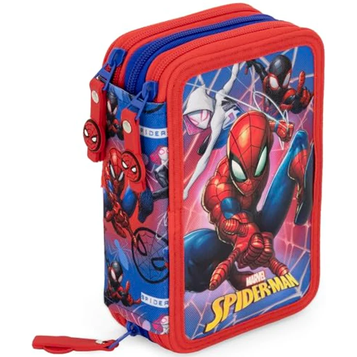 Clondo 3-Fach Federmäppchen für Jungen, gefüllt für Spiderman-Fans, 46-teilig mit radierbaren Stiften, Filzstiften und Buntstiften, Rot und Blau – Bild 1