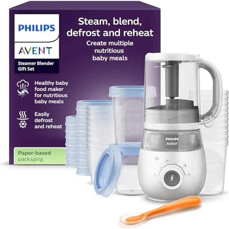 Philips Babynahrungszubereiter SCF883/20, 4-in-1 Dampfgarer und Mixer mit 10 Bechern, 400 W, weiß – Bild 1