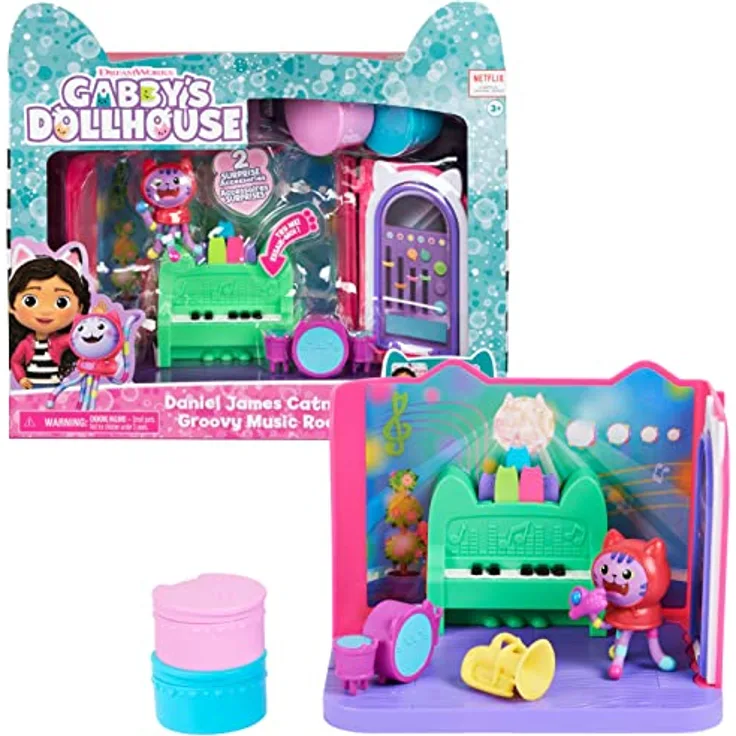 Gabby‘s Dollhouse Deluxe Raum, Groovy Music Room, Musikzimmer mit DJ Katzenminze (engl. DJ Catnip), 2 Möbelstücken und 2 Überraschungsboxen mit Zubehörteilen, geeignet für Kinder ab 3 Jahren
