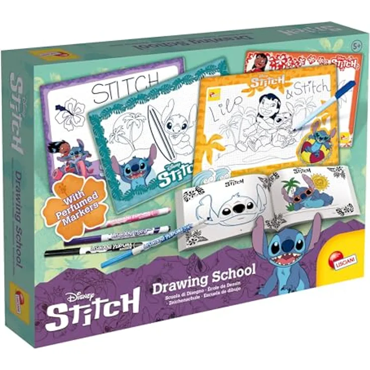 Lisciani Disney Stitch Zeichenschule, Kreativset mit 4 parfümierten Filzstiften und 4 wiederverwendbaren Schreib- und Löschtafeln, für Kinder ab 5 Jahren