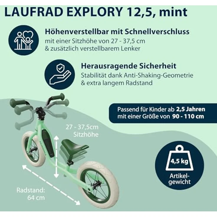 HUDORA Laufrad Explory - Hochwertiges Kinder Laufrad für Jungen & Mädchen von 90-110 cm - Balance Bike mit Verstellbarer Sattelhöhe & Luftreifen, in Blau – Bild 2