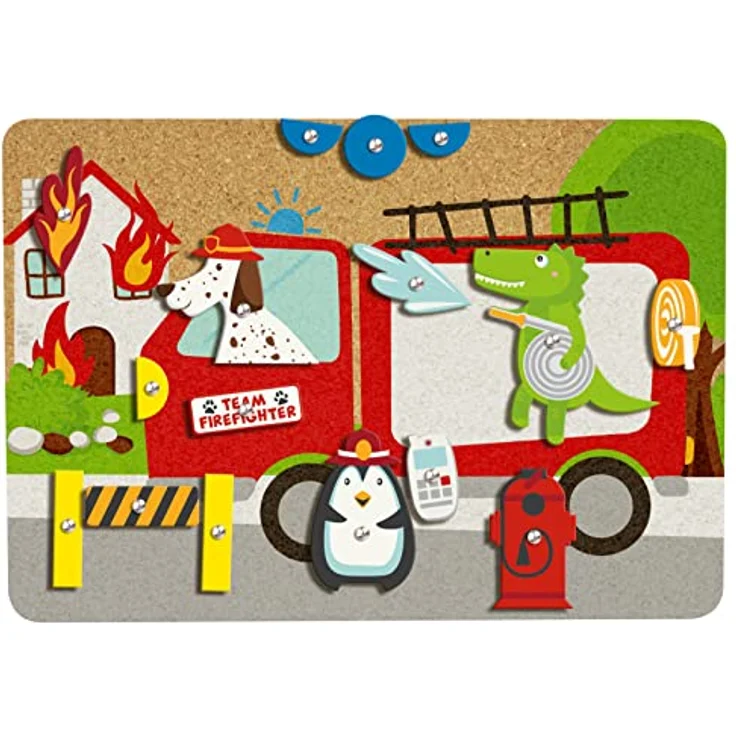Lena 65836 - Hammerspiel Feuerwehr, Nagelspiel mit 38 farbigen Teilen & 16 Sonderteile, XXL Grundplatte aus Kork ca. 28 x 19,5 cm, Hammer und Nägel, Klopfspiel für Kinder ab 3 Jahre, Hämmerchenspiel – Bild 5