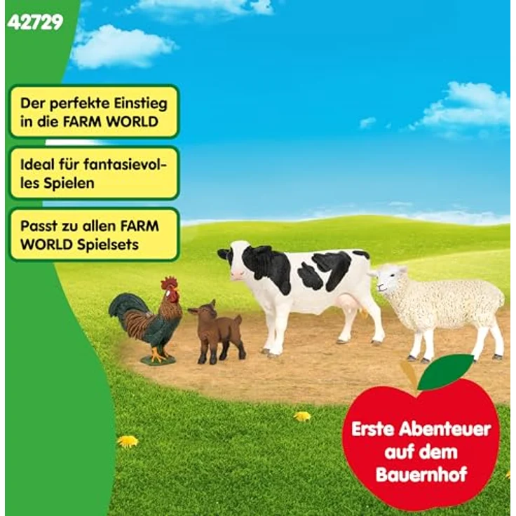 Schleich Farm World Starter-Set Bauernhof, enthaltene Tiere: Holstein Kuh, Hahn, Schaf und Zicklein, naturgetreu gestaltet – Bild 4