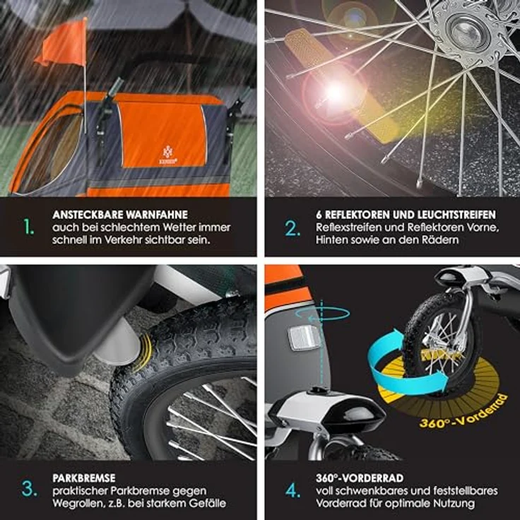 KESSER® Kinderanhänger 2in1 Fahrradanhänger mit 360° Drehfunktion, Federung, 5-Punkt Gurt für 1-2 Kinder bis 40kg, inkl. Warnfahne, Orange – Bild 4