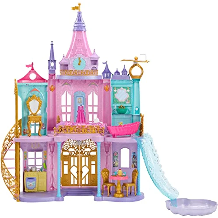DISNEY Princess - Magisches Abenteuerschloss -Puppenhaus, 10 Spielbereiche, magische Licht- und Geräuscheffekte, fliegender Teppich, 28 Einrichtungsgegenstände, für Kinder ab 3 Jahren, HLW29 – Bild 1