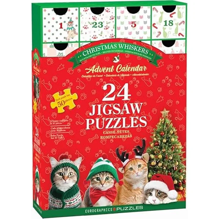 Eurographics Christmas Whiskers Adventskalender, 24 Puzzles mit festlich gekleideten Katzen, geeignet für alle Altersgruppen