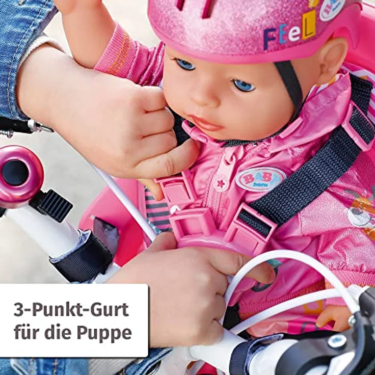 BABY born Zapf Creation 834329 Fahrradsitz-Puppenfahrradsitz für 36cm und 43cm große Puppen mit Klettsystem für Lenker vieler Kinderräder und 3-Punkt-Gurt, pink – Bild 3