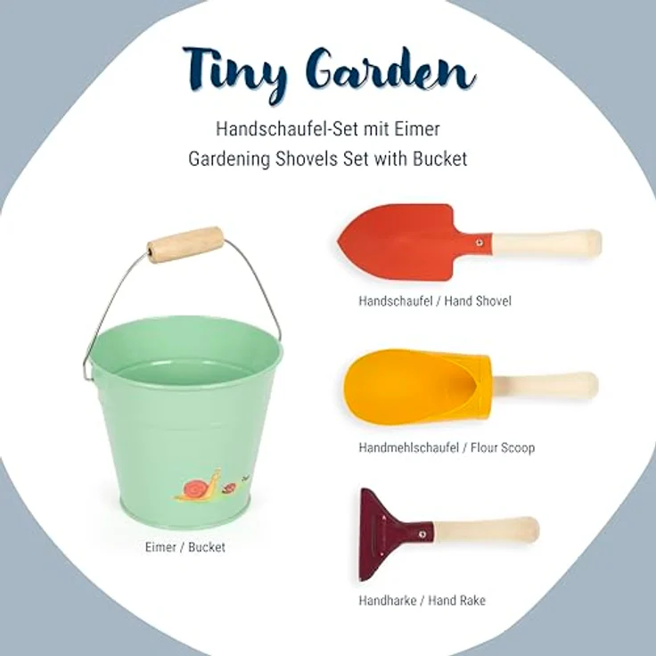 Small Foot Handschaufel-Set „Tiny Garden“, Garten- und Sandspielzeug aus Holz und Metall mit Eimer in Trendfarben, für Kinder ab 3 Jahren, 12665 – Bild 3