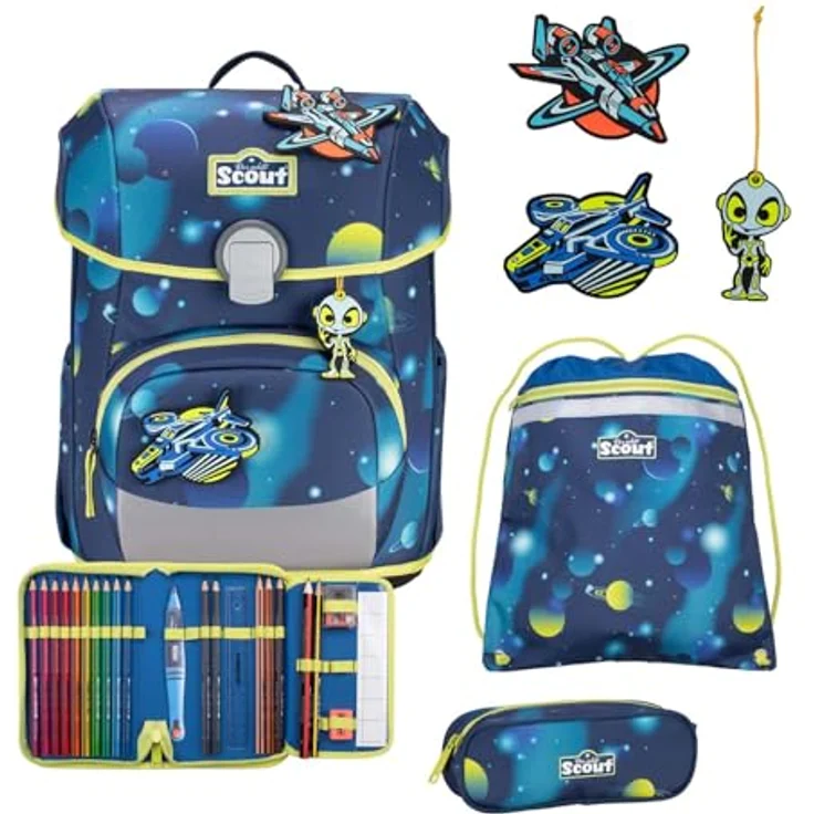 Scout Schulranzen Scout Neo Set LED Planets, ergonomischer Ranzen mit 7 blinkenden Lichtern und retroreflektierenden Flächen, inklusive Sportbeutel und Federmäppchen – Bild 1