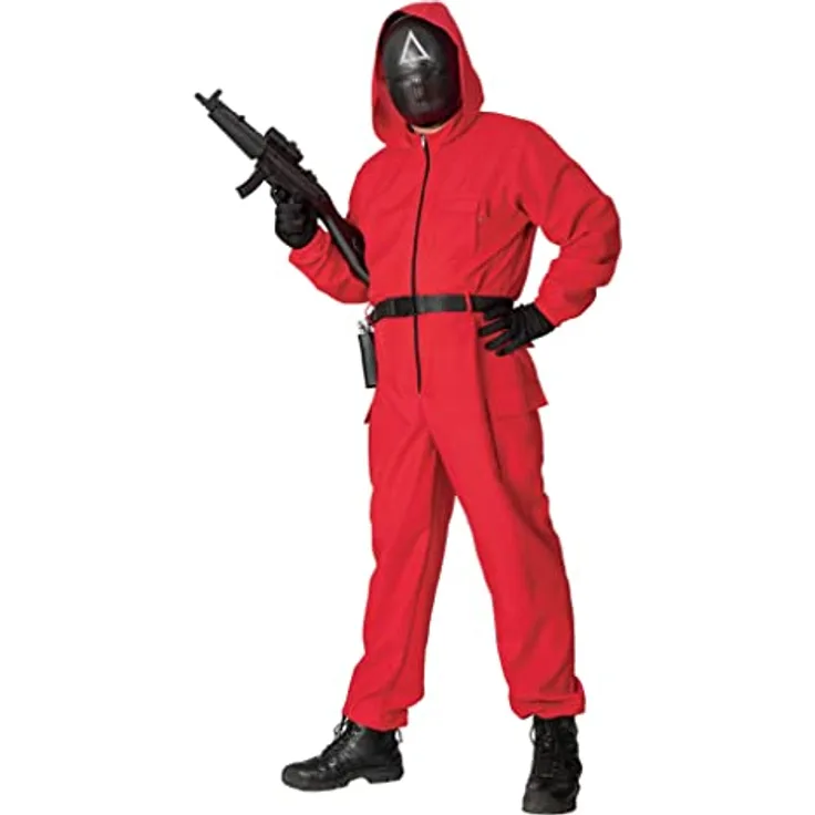 Maskworld Squid Game Aufseher (XL), rotes Kostüm mit Reißverschluss, Funktionalen Taschen und Gürtel