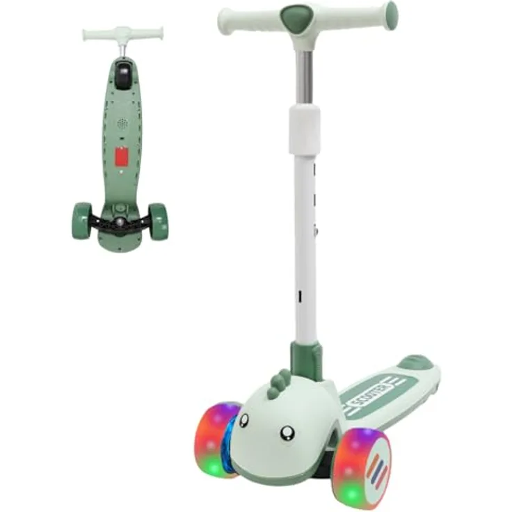 Habib Gruppe Kinderroller Tretroller 3-Rad LED Roller, Höhenverstellbar & Faltbar, Tierdesign, Grün, für Mädchen & Jungen (3-8 Jahre)