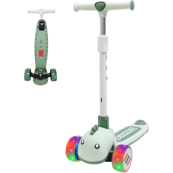 Habib Gruppe Kinderroller Tretroller 3-Rad LED Roller, Höhenverstellbar & Faltbar, Tierdesign, Grün, für Mädchen & Jungen (3-8 Jahre) – Bild 1