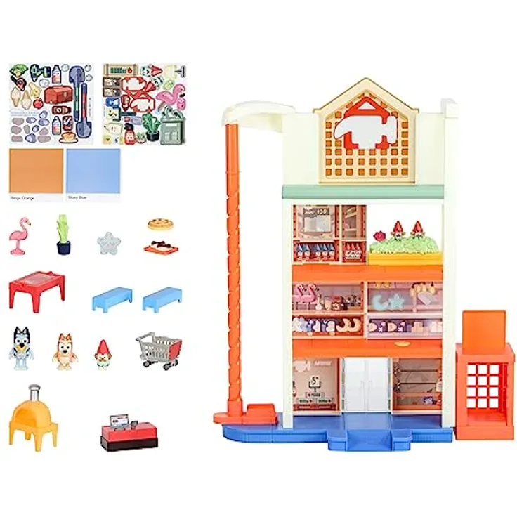 Moose Bluey: Nákupní centrum s písluenstvím Hrací set, 55 cm hoch mit 45 Soundeffekten und Licht, inkl. exklusive Bluey- und Bingo-Figuren