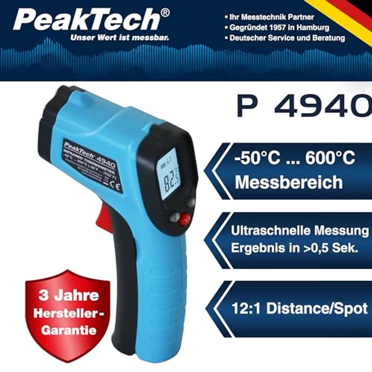 PeakTech Infrarot-Thermometer P 4940, Temperaturmessung von -50 °C bis +600 °C, Laser und LCD-Anzeige mit Hintergrundbeleuchtung – Bild 2