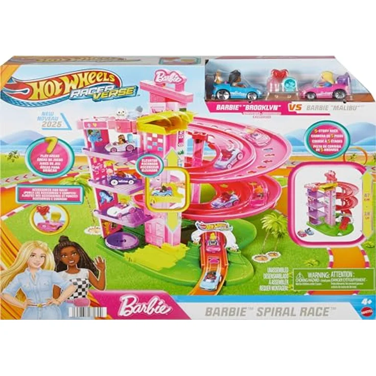 Mattel Hot Wheels RacerVerse Barbie-Streckenset, 5-stufig mit Barbie Malibu und Brooklyn Figuren, inklusive Zubehörteile in pink – Bild 6