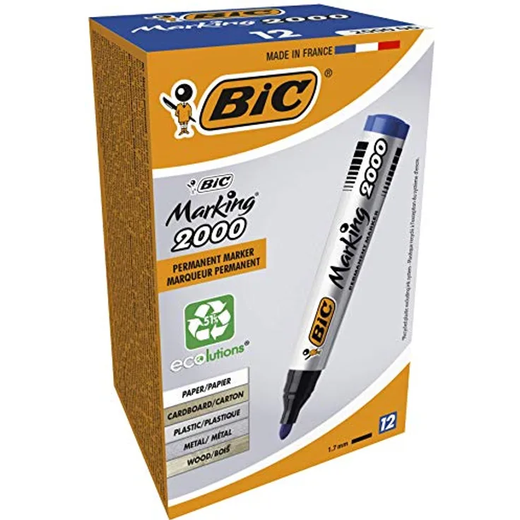 BIC Permanent Marker Marking 2000 ECOlutions in einer Schachtel à 12 Stück, Rundspitze, 1,7 mm in blau
